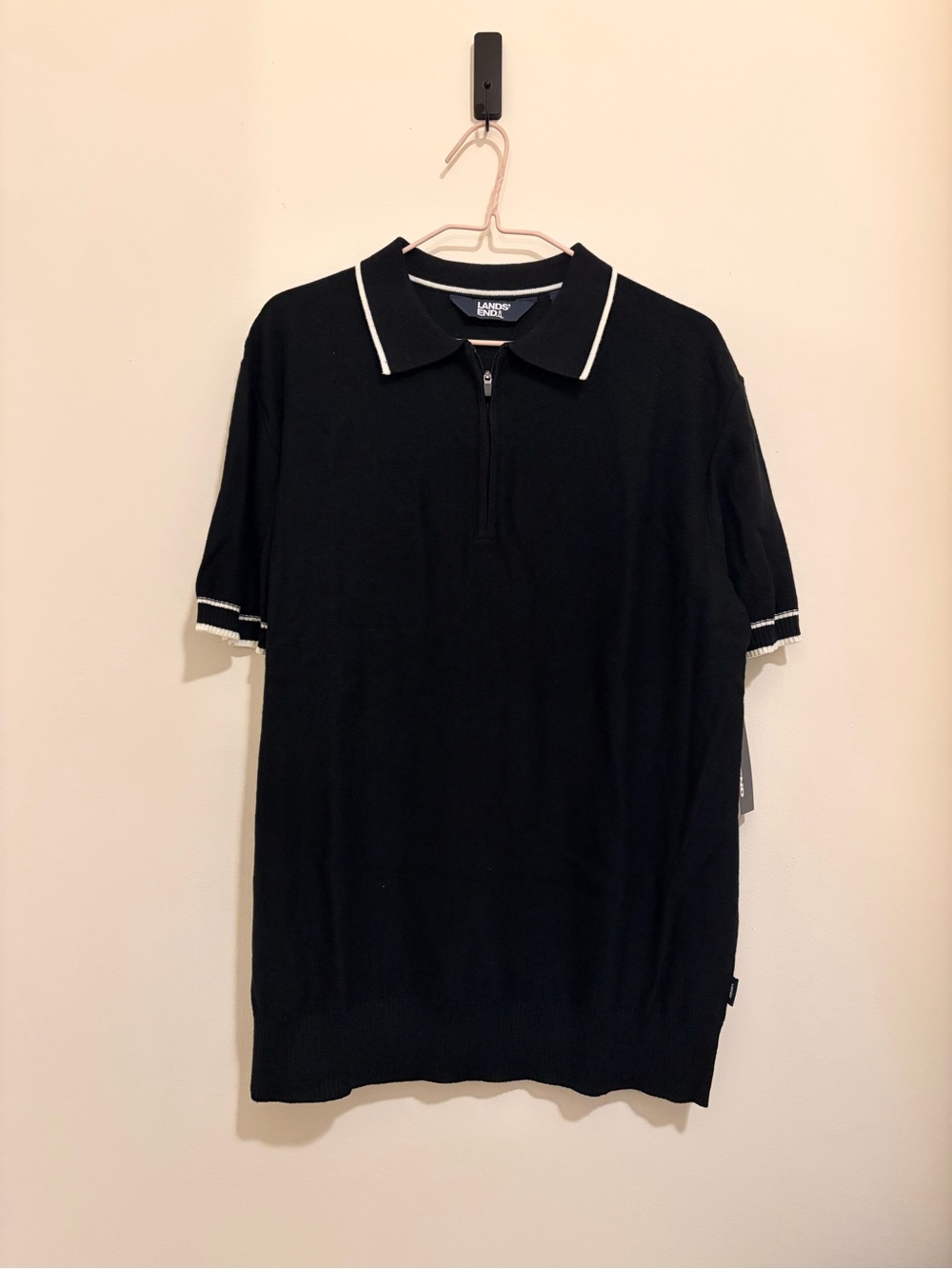 Lands' End Black Polo with White Trim Zip-Neck Soft Sweater Polo